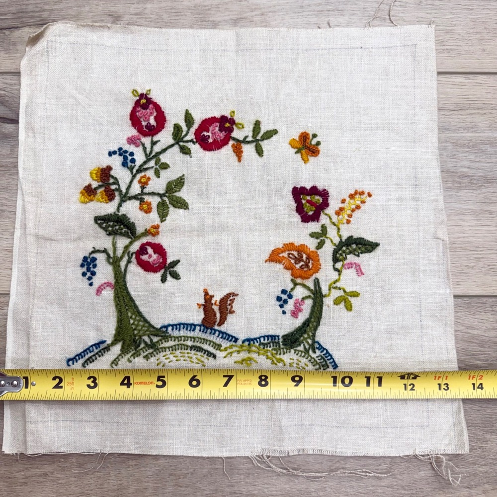 Vintage Hand Embroidered Linen Panel Squirrel Floral Crewel Folk Art 13x14‎ - Picture 6 of 6